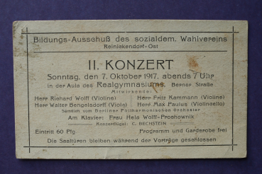 Einladung Berlin 1917 II Konzert Bilduns Ausschuß des sozialen Wahlveriens Reinickendorf Ost Aula Realgymnasium Berner Straße